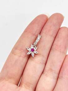 1 Pc Exquisite And Copper Alloy Hexagonal Flower Pendant With Maroon Pink Zirconium Pistil White Zirconia Flowers Silver Nose Ring Is Suitable For Women Daily Wear.