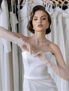 1pair Girls' Party/Routine Wear Sheer Plain Full Finger Gloves Autumn Accessories - Beige - View 1