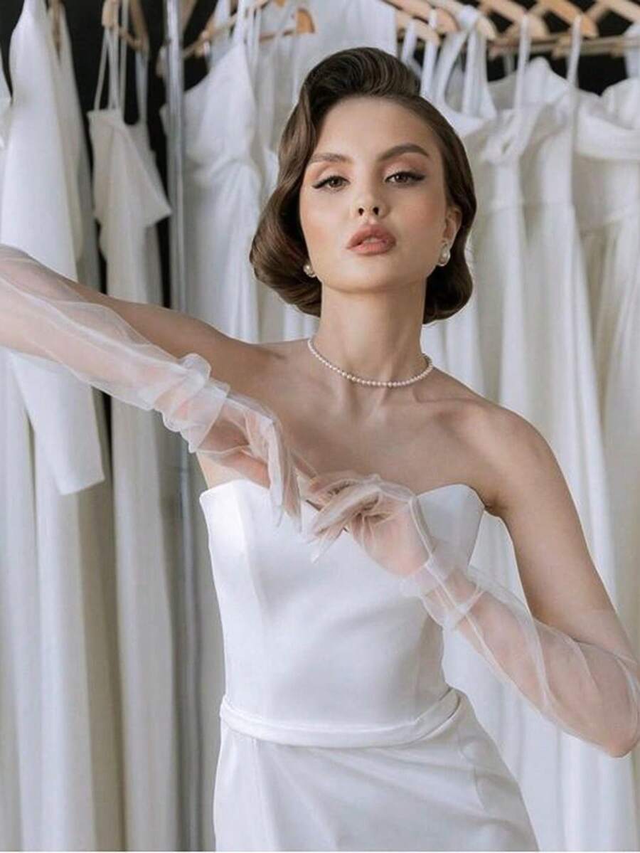 1pair Girls' Party/Routine Wear Sheer Plain Full Finger Gloves Autumn Accessories - Beige - View 1