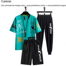 Conjunto de camiseta de manga corta con cuello redondo y estampado de letras, y pantalones cortos casuales para hombre. Conjunto de 3 piezas de verano para hombre - Verde - Ver 6