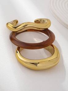 3 件美式欧式基本款袖口手镯套装，女士日常佩戴叠戴手链首饰，超大粗袖口手链 - A12687 - 查看 2