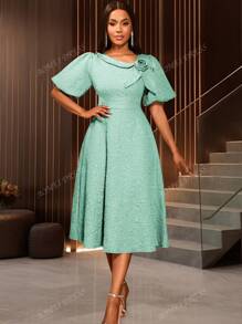 Women's Rose Jacquard Commuting Embossed Elegant Short Sleeve A-Line Puff Sleeve Cocktail Party Graduation Dress,For Birthday, Wedding Guest, Graduation, Dinner, Homecoming,Back To School