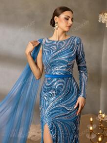 Round-Neck Long-Sleeve Beaded Sequin Evening Gown With Sheer Organza Cape, High-Slit Fish-Tail Hem Elegant Dress – Perfect For Red Carpet Galas, Black-Tie Weddings, Gala Dinners, Charity Balls, And Formal Award Ceremonies