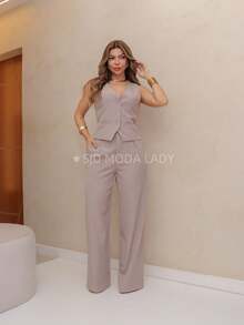 SJD MODA LADY Luis Twil Social Chic Set Vest With Fake Pocket And Pants - 灰色 - 查看 2