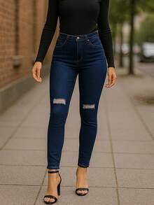 Jeans Skinny para Mujer de Tiro Medio Levanta Glúteos, Azul Oscuro con Rasgado Frontal, Ajuste Moldeador, Estilo Urbano - Azul - Ver 3