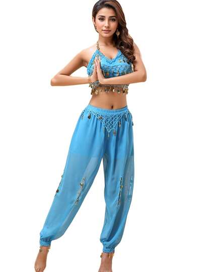 2 Pieces Prom Party Line Dance Costume For Women Belly Dance With Coin Embellished Open-Hole Loose Pants (Includes Breast Pads)