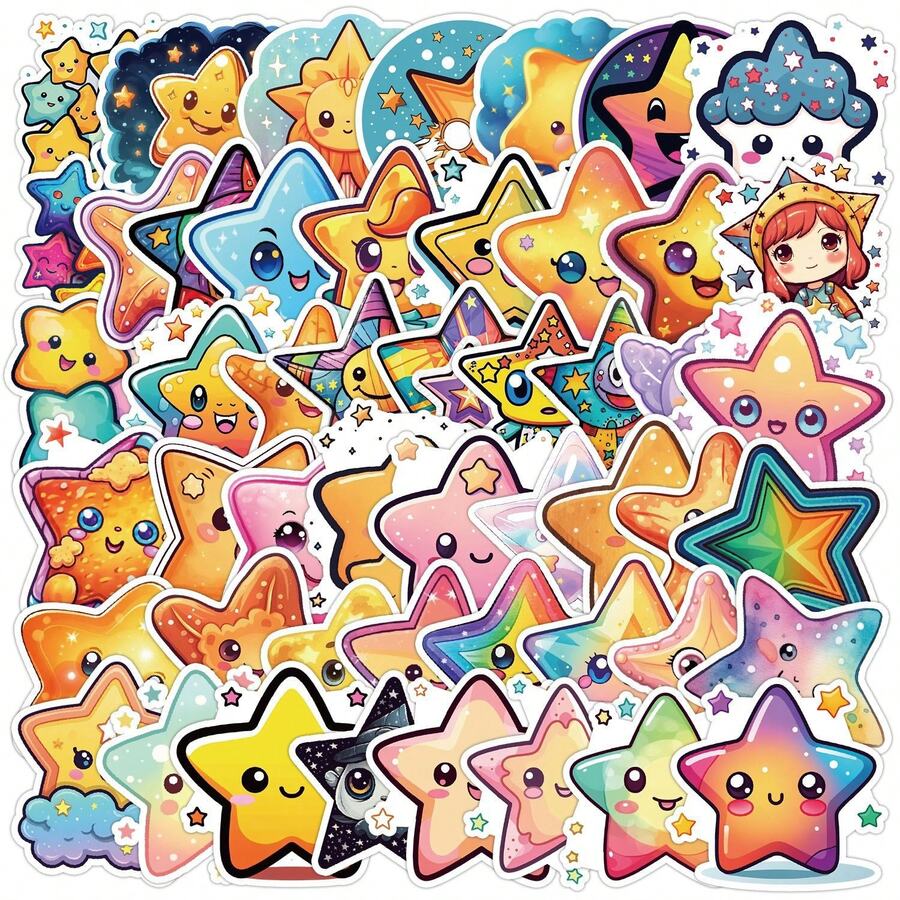 50张卡通可爱星星贴纸,乙烯基材质,可用于水瓶、笔记本电脑、手机、滑板、吉他、行李箱、剪贴簿、头盔、派对装饰等。 - 彩色 - 查看 1