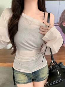 透视系腰长袖宽松罩衫，凸显身材 - 杏色 - 查看 5