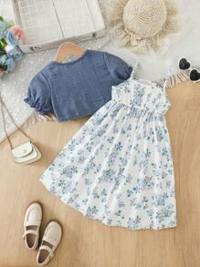 Set de 2 piezas vestido de tirantes informal con estampado floral pequeño y chaqueta para niñas, para vacaciones de verano