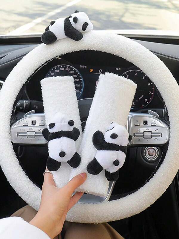 1-3pcs Cute Panda Car Steering Wheel Cover Shoulder Protection Plush Warm Handlebar Cover Internet Famous Car Interior Decoration Protective Cover