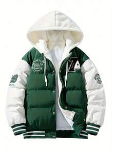 Men's Slogan Print Contrast Color Drawstring Hooded Winter Jacket, Fall