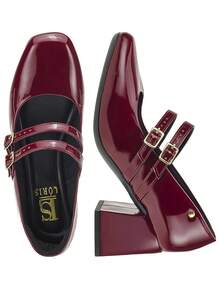 Loris Shoes Oficial Women's Doll Pump Shoe With 2 Buckles Glossy Varnish Thick Block Heel 2861 - Véc ni Marsala - Xem 6