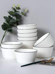 4pcs/2pcs Ceramic Vertical Stripe Bowls 5.1 Inches And Plates 6.9 Inches, Simple Handmade Ceramic Tableware, Japanese Rice Bowls, Dessert Bowls, Suitable For Home Kitchen, Dining Party, Kitchen Utensils, Oven And Microwave Friendly