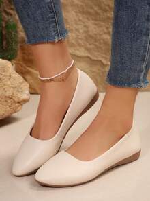 女士纯色平底鞋，舒适一脚蹬软底鞋，休闲百搭芭蕾平底鞋 - 杏色 - 查看 5