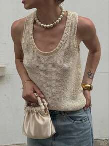 Modische Damen Oversize Lässig Chic Süß Glänzend Strukturierte Asymmetrischer Saum Rundhals Ärmellos Strick Top, Damen Sommer Urlaub