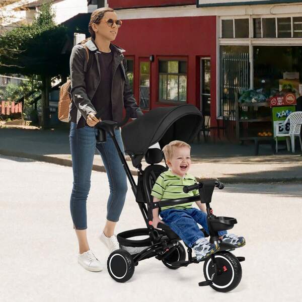 Klappbares Baby Dreirad für Kinder, 7 in 1 Kleinkind Dreirad Kinderwagen für 1-5 Jahre alt, Baby Trike mit Sicherheitsgürtel, verstellbarer Druckgriff, Aufbewahrungskorb, Tassenhalter, Fahren Sie ein Trike, schwarz