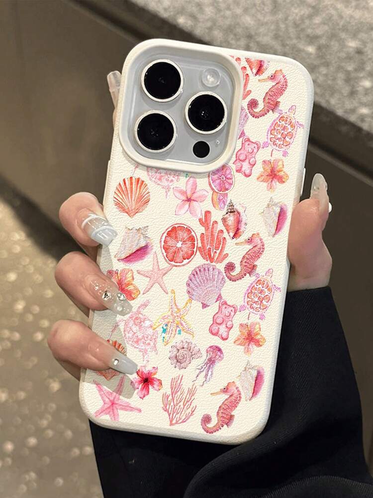 1pc Pink Watercolor Starfish & Shell Pattern Waterproof Anti-Fall Anti-Slip Soft Protective Phone Case Compatible With Apple Phones,International Version, Not The Domestic Version - Multicolor - View 3