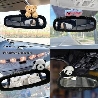 1pc Creative Cute Car Rearview Mirror Cover, Cartoon Sedan Reverse Mirror Car Interior Decor, Multi-Color Options (Houndstooth 1pc/Bear 1pc/Pig 1pc/Panda 1pc)