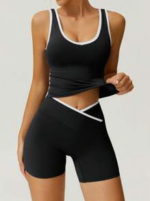 NcmRyu Women's Contrast Trim Elastic Camisole & Shorts Outdoor Suit