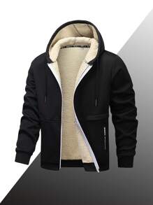 1 pieza Chaqueta con capucha y forro térmico para hombres para otoño/invierno, Chaqueta deportiva con cremallera de unicolor y casual, Exterior de tejido de punto de poliéster, Ajuste regular, Apropiada para deportes, senderismo y uso diario, Con bolsillos con cremallera