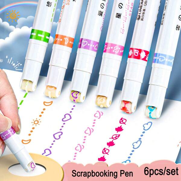 6pcs Highlighter Pens, Calligraphy Curve Pens, Roller Flower Pens, Double-Headed Stamp Outline Pens, Creative Wave Flower Rollerball Pens, School Supplies,Back To School