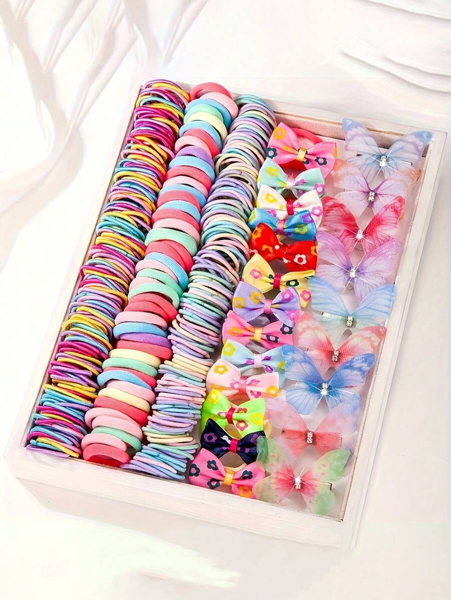 881 pezzi Set combo di elastici per capelli e fermagli per capelli a forma di farfalla, accessori decorativi per capelli elastici monouso, colori misti senza scatola regalo