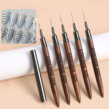 A Set Of 5 Wood Grain Manicure Line Pens With Extremely Thin Smudged Painting Flower Brush Solid Wood Engraving Pen Rod Multi-Functional Manicure Tools Suitable For Painting Lines And Pattern DIY - Brown - View 2
