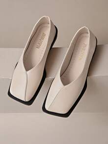 2025女款时尚珍珠漆皮复古方头玛丽珍平底鞋，百搭春秋乐福鞋，2025新款热销女士平底鞋 - 米色 - 查看 3