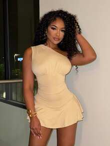 Alexandranx 不对称领口荷叶边修身女式连体裤 - 杏色 - 查看 1