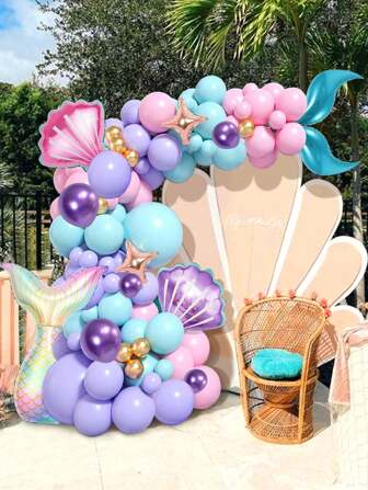 114pcs Mermaid Birthday Party Decorations Set, Including Pink Purple Blue Mermaid Balloons, Flower Garland Arch, Shells Balloons, Suitable For Banner, Cake Topper, Mermaid Tail & Shells Balloons, Mermaid Theme Party Supplies For Girls