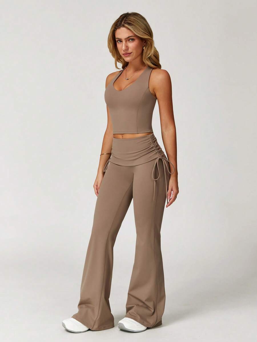 MASKERT "2 Pieces Set" Women's Set Yoga Suit Suit Vest Flared Pants Set Sportswear High Stretch Running Fitness Suit Two Pieces Set Casual And Comfortable Skin Friendly - 巧克力棕 - 查看 1