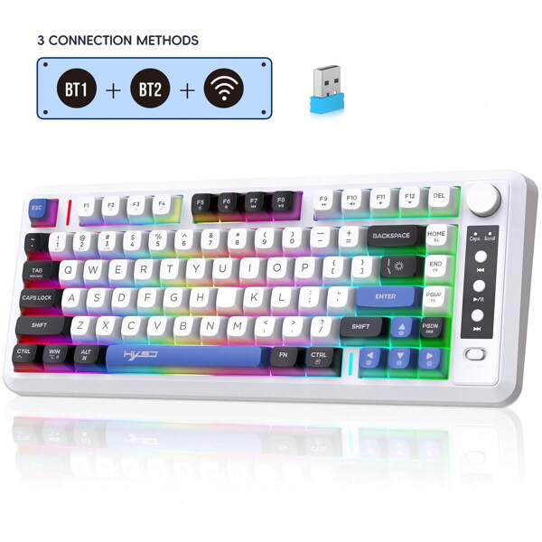 81 Key Wireless Keyboard, 3-Mode Wireless Film Keyboard, Color Blocked Keycaps, RGB Lighting, Silky Feel, Low Sound, Built-In Sound Control Knob