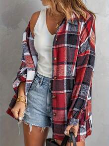 Women's Plaid Print Lapel Button Down Long Sleeve Blouse Jacket - Red - View 3