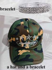 2 pièces Nouvelle mode 8 couleurs réglable Y2K Casquette de protection solaire en maille respirante avec broderie d'étoile à cinq branches, bracelet. Convient pour les hommes et les femmes, pour le printemps/automne, les voyages, les vacances à la plage et le port quotidien