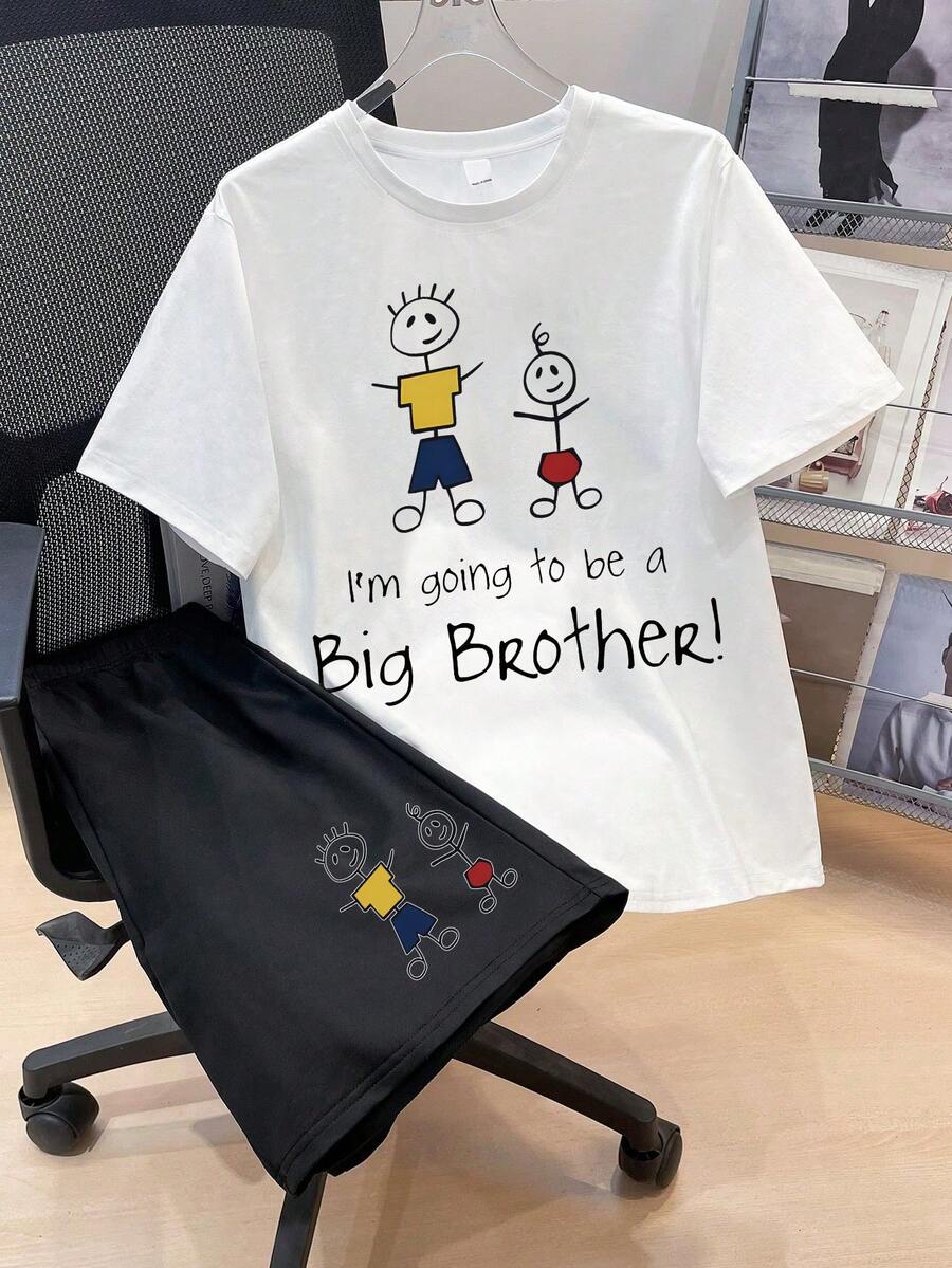 2 Pieces Tween Boy Set Big Brother Stick Figure Streetwear Meme Tees Tee & Shorts Soft Comfy Summer Wear - Multicolor - View 1