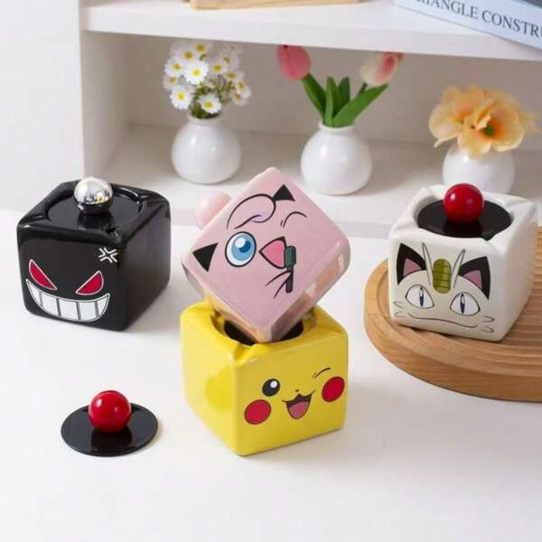 pokemon 1pc Pokemon Pikachu & Meowth Cute Cartoon Square Ashtray, Adorable Expression Design, Dual Cuteness, Suitable For Desktop, Entertainment & Leisure Essential, Add Fun To Life, Exquisite & Practical Creative Ashtray