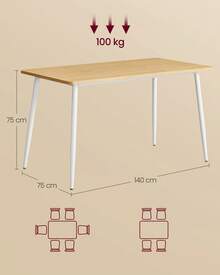 Table à Manger, Table de Cuisine, pour 4-6 Personnes, Moderne, Style Ferme, Surface Résistante à la Chaleur, Montage Rapide, 75 x 140 x 75 cm, Doré Chêne et Blanc Nuage - Beige - Voir 5