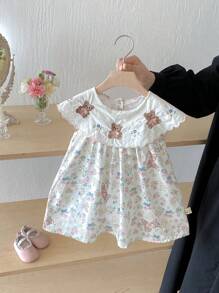 Baby Girl Floral & Bear Pattern Sweet Allover Print Dress, Summer