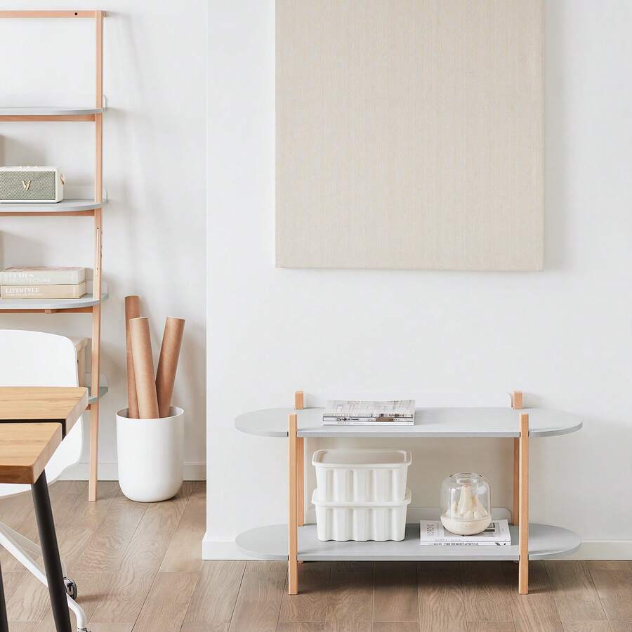 SoBuy Bookshelf Multifunctional Shelf Standing Shelf With 2 Shelves Coffee Table Shelf Sideboard Grey And Natural WHT Approx. 100x52x33cm HSTR01-HG - Grey - View 1