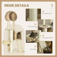 Kratzbaum katze Mit Katzenhaus aus Rattan, mehrere Plattformen, Hängematte & Rampe, Kippschutz, Plüsch, Beige, 60 x 60 x 150 cm - Beige - Übersicht 5