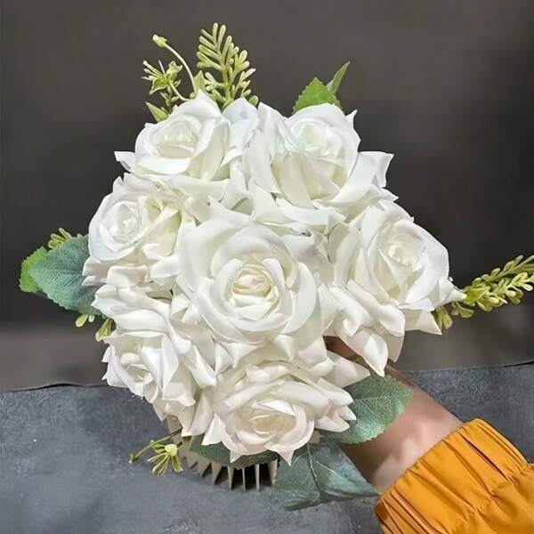 1 Bouquet Bride/Bridesmaid Artificial Rose Flower Decoration 7 Heads Small Curly Edge Flower Bouquet, Suitable For Romantic Wedding, Party, Ceremony, Home Decor, Photo Prop, Gift