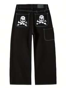 Quần jean ống đứng dáng rộng nhiều túi họa tiết bộ xương phong cách Y2K, vừa vặn mùa hè, phong cách Emo - màu đen - Xem 2