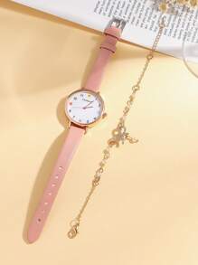 Set de 2 piezas: Reloj de cuarzo con esfera redonda y números árabes minimalista + pulsera con forma de mariposa, adecuado para regalo de cumpleaños, uso diario, etc. (sin caja)