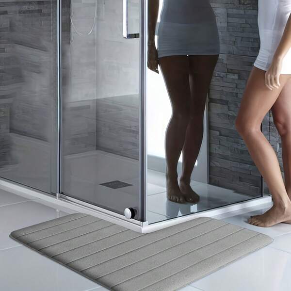 1 Stück L-förmige einfarbige Flanell-Absorptionsmatte, gestreifte Flanell-Badezimmermatte, rechteckige Duschraum-Absorptionsfußmatte, Badezimmer-Eingangsfußmatte, Eckenteppich, L-förmige rutschfeste weiche Matte für das Badezimmer