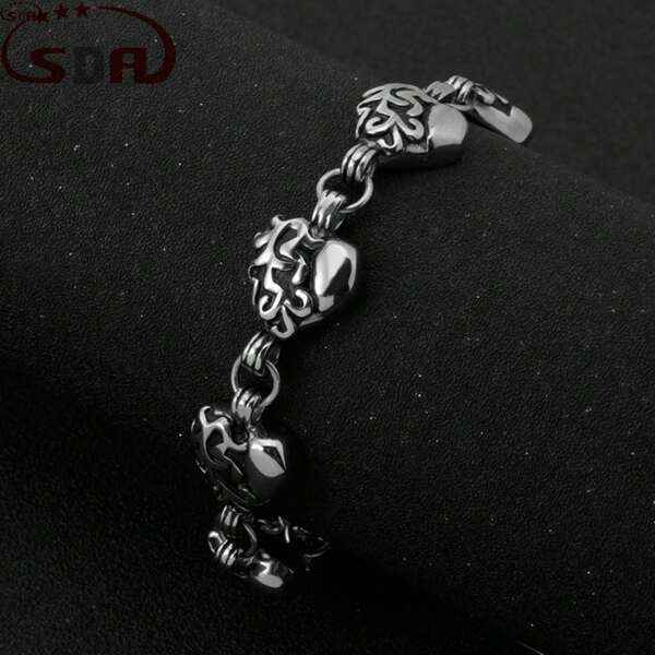 1pc Retro Punk Style Stainless Steel Antique Silver Color Bracelets For Men Women Heart Shape Fashion Accessories