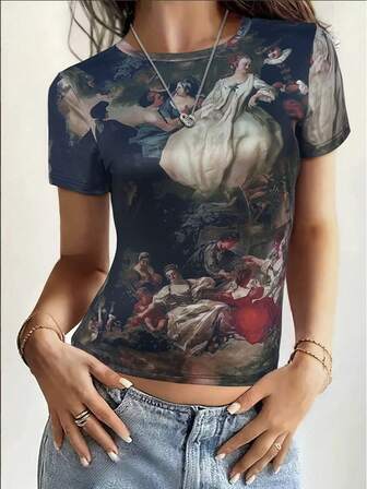 女士复古肖像印花修身圆领短袖T恤