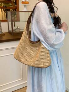 夏季草编单肩托特包，配迷你小袋 - 咖啡棕 - 查看 3