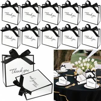 10/20 szt. Pudełko na prezenty z podziękowaniami ze wstążką, czarno-białe, papierowe pudełka na smakołyki, europejski motyw weselny, torba na upominki na ślub, urodziny, prysznic, rocznica, artykuły imprezowe