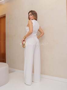 SJD MODA LADY Luis Twil Social Chic Set Vest With Fake Pocket And Pants - trắng - Xem 4