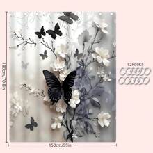 1/4 Stücke Schwarz-Weiß Schmetterling & Blumen Badezimmer Set, beinhaltet Duschvorhang, Badematte, U-förmiger Toilettendeckel, wasserdicht, moderner Stil, maschinenwaschbar, ohne Bohren erforderlich Badezimmer Dekoration, Herbstdekoration, Badezimmer Accessoires, Rückkehr zur Schule